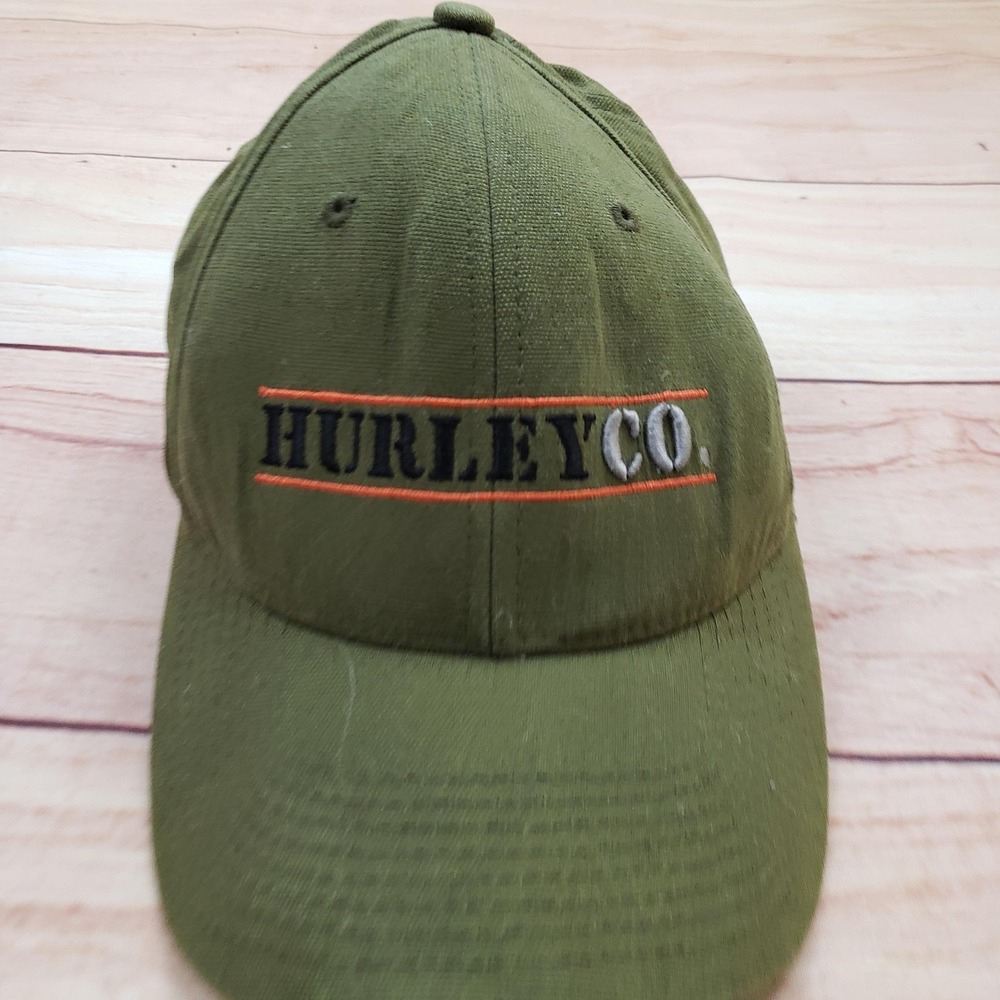 VINTAGE Hurley Co Hat Cap Fitted Mens Green Camo Brim Flexfit Yupoong Skate Surf